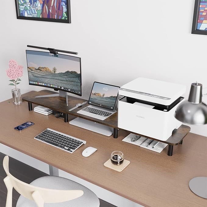 Dual Monitor Stand - 43.7 inch Extra Long Wide TV Stand - Wood & Steel Leg Desktop Riser - Desk Organization - Home Office (Vintage)