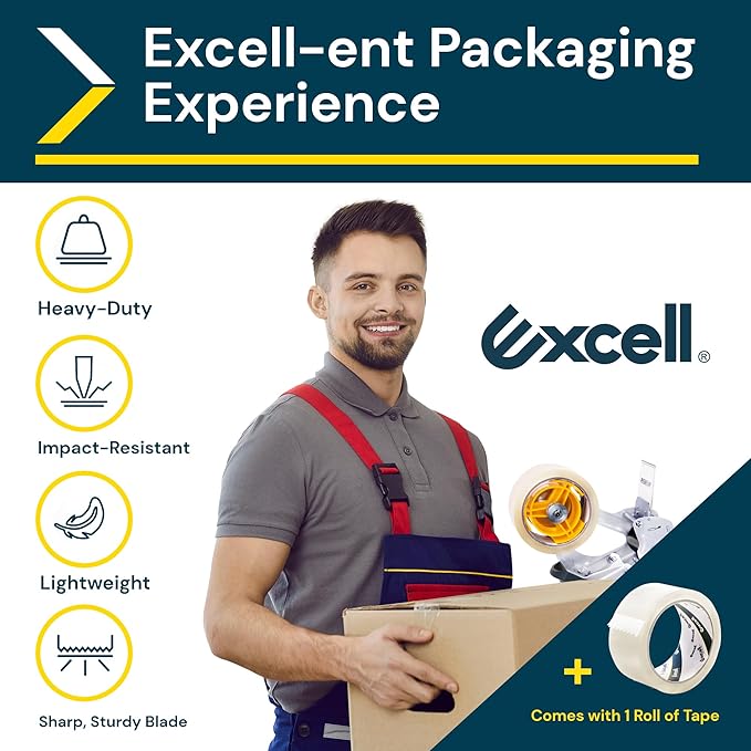 Excell Anti-Backflow Metal Packaging Tape Dispenser (2" Wide) with 2 Roll Tapes: Ideal for Packaging, Transportation, Moving, and Box Sealing. Includes Tape Gun and Two Tapes