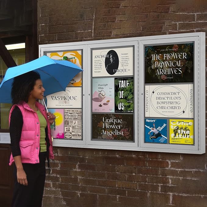 SWANCROWN Weather Resistant Enclosed Bulletin Board Gray Fabric Displays Boards Wall Mounted Notice Cabinet with Three Locking Doors, 70x36 inches