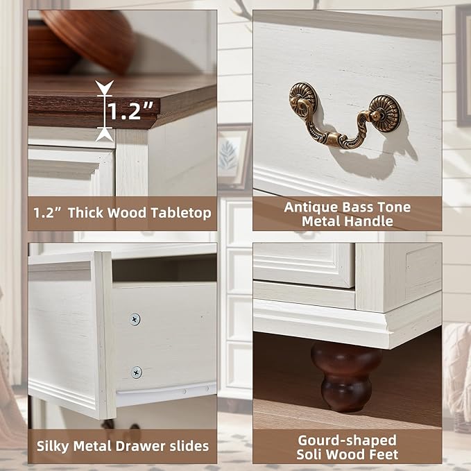 Farmhouse 5 Drawer Dresser Set of 2 for Bedroom, 45" Tall Rustic Chests of Drawers w/ 4 Solid Wood Feet, Mid Century Vintage Wooden Closet Storage Dressers Organizer for Living Room, White