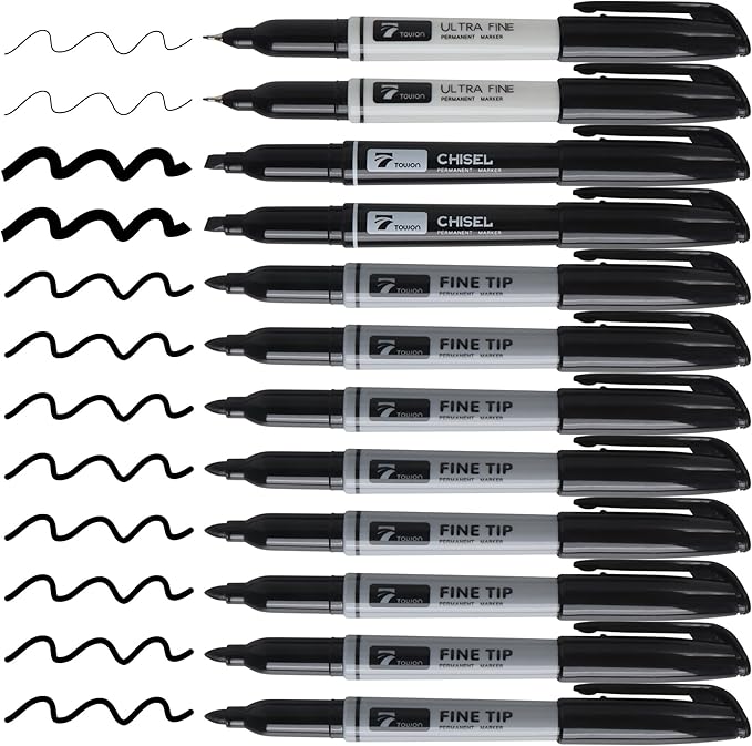12 Black Permanent Markers with Bag - Waterproof Quick Drying Pens Set 8 Fine Tip, 2 Ultra Fine, 2 Chisel Tip Office Home School Supplies for Adults Writing Doodling Marking