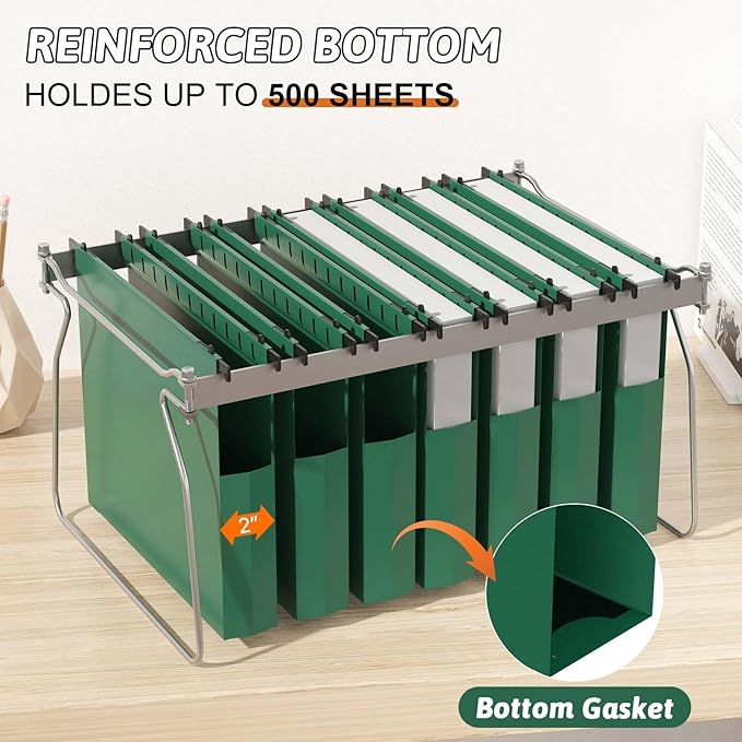 Plastic Hanging File Folders Expandable,12 Pack Heavy Duty Hanging File Folder Letter Size,2 Inch Expansion Extra Capacity Folders,Adjustable Tabs,Green Hanging Folder Designed for Bulky Files