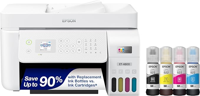 Epson EcoTank ET-4800 Wireless All-in-One Cartridge-Free Supertank Printer with Scanner & ® Workforce® Pro WF-3820 Wireless Color Inkjet All-in-One Printer, Black Large