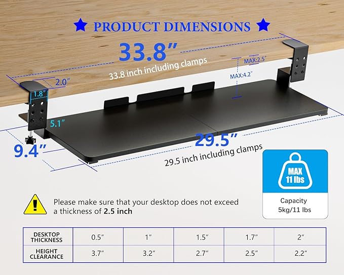 Large Keyboard Tray Under Desk, Adjustable Keyboard Tray with C-Clamp Hardware 29.5″ W x 9.5″ D Slide Out Computer Keyboard & Mouse Tray for Typing Home Office Black