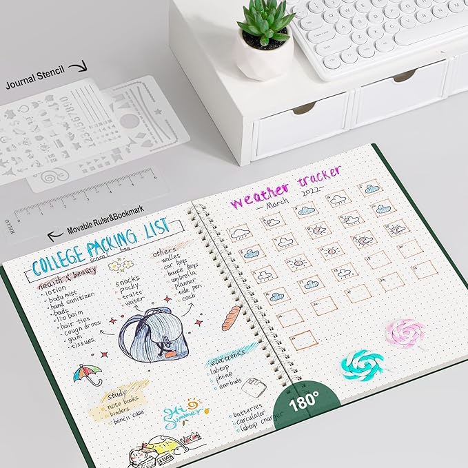 AHGXG Bullet Dotted Journal - Dot Grid Spiral Notebook B5, 140 Pages, 100 GSM Thick Paper, Waterproof Plastic Cover Journals for Bullet Journaling, Sketching, 7.6" x 10", Green