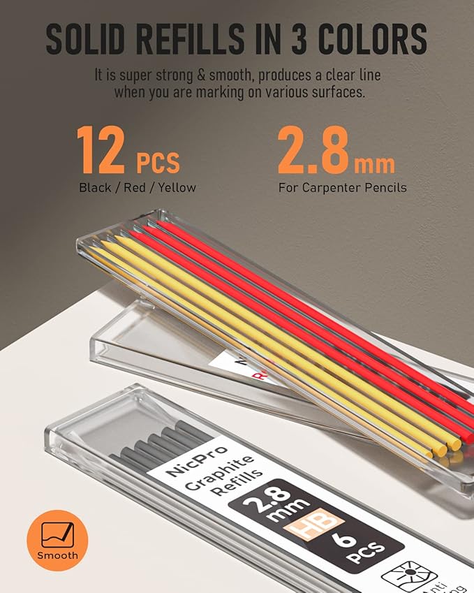 Nicpro CP1000 Carpenter Pencil with Sharpener, 2.8 mm Mechanical Pencils with 13 Refills, Deep Hole Marker for Construction, Heavy Duty Woodworking Pencil, Carpenter Tools for Architect Marking