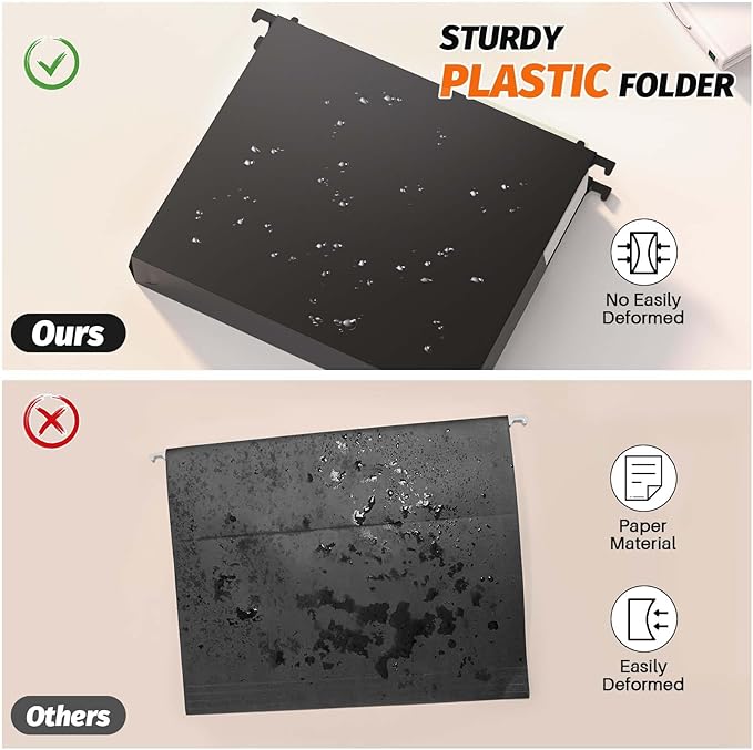 Extra Capacity Plastic Hanging File Folders,12 Pack Reinforced Hang Folders Letter Size,Accordian Pocket,Heavy Duty 2 Inch Expansion,Hard Hanging Folder Organizer for Office Home,Black