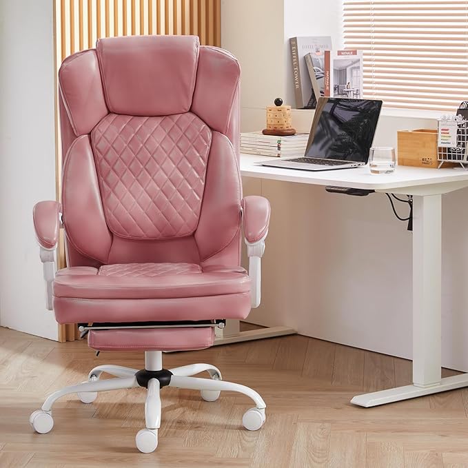 Ergonomic Office Chair with Foot Rest, Executive Chair with Footrest PU Leather Computer Chair, Big and Tall Chair Reclining Desk Chair, Thick Padded Coil Spring Seat, 400 lbs Capacity (Pink)