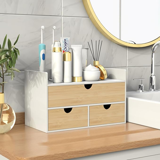 Wisuce Desk Organizer with Drawers - Bamboo Desktop Organizer Storage | White-Natural Wood Desk Drawers Organizer for Bills, Office Supplies, Cosmetics, Seals No Assembly Required