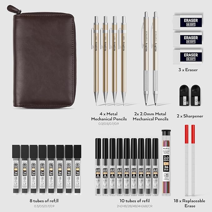 Nicpro 33PCS Metal Mechanical Pencil Set in Leather Case, Art Drafting Pencil 0.3, 0.5, 0.7, 0.9 mm, 2mm Lead Pencil Holders for Sketching Drawing With 18 Tube (6B 4B 2B HB 2H 4H Colors) Lead Refills