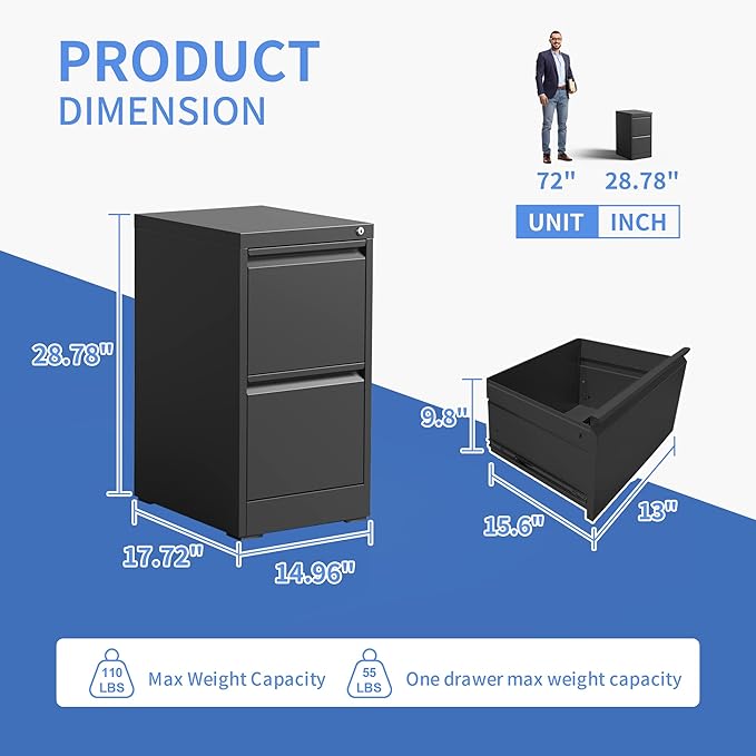 2 Drawer File Cabinet with Lock, Vertical File Cabinet with Lock, Locking File Cabinet Hanging Files for A4/ Legal/Letter,Black