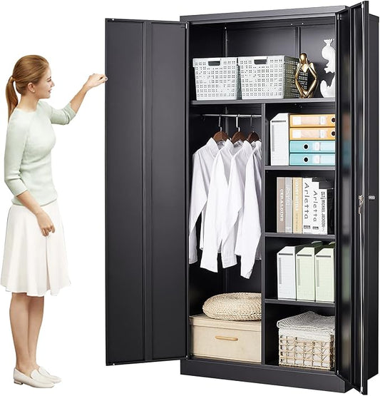 MIIIKO Steel Cabinet Wardrobe, Metal Locker Cabinet with Hanging Rod, Metal Clothing Locker Storage for Home, Office, Garage and Changing Room
