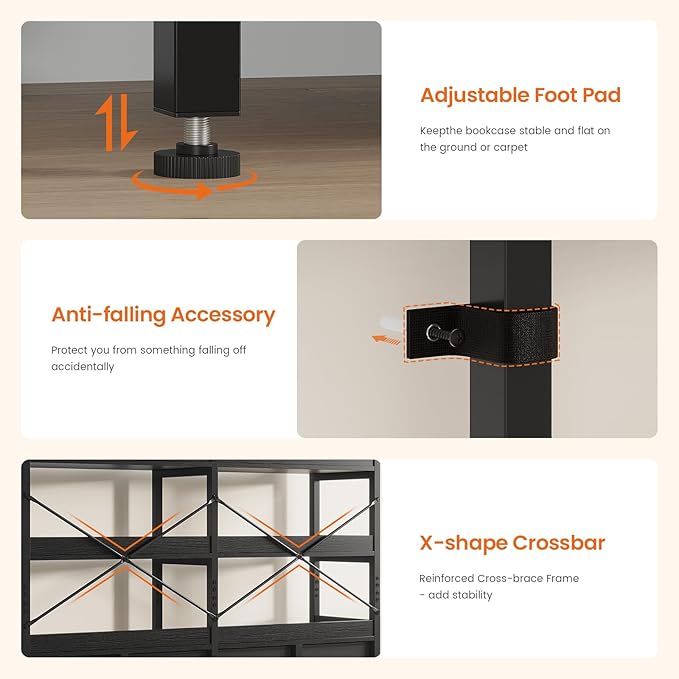 Bookshelf with 8 Fabric Drawers, 7-Tier Bookcase with Baffles Display Shelves, Industrial Large Book Shelf for Living Room Home Office, Black