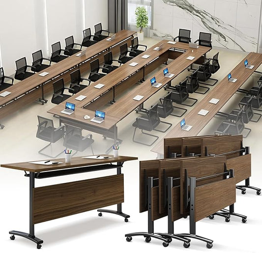 Folding Conference Room Table, Modern Conference Tables with Wheels, Large Rectangular Mobile Training Tables for Office Classroom, Foldable Modular Boardroom Seminar Table Walnut (6pack L70.9in)