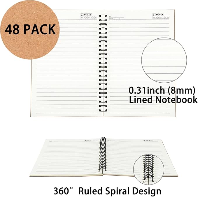 48 Pcs A5 Spiral Notebooks Journal with Kraft Cover, 5x8 Inches, Ruled Lined Paper, for Work, Sketches, Study, Notes Taking, Gifts, Brown (48 PCS(Lined))