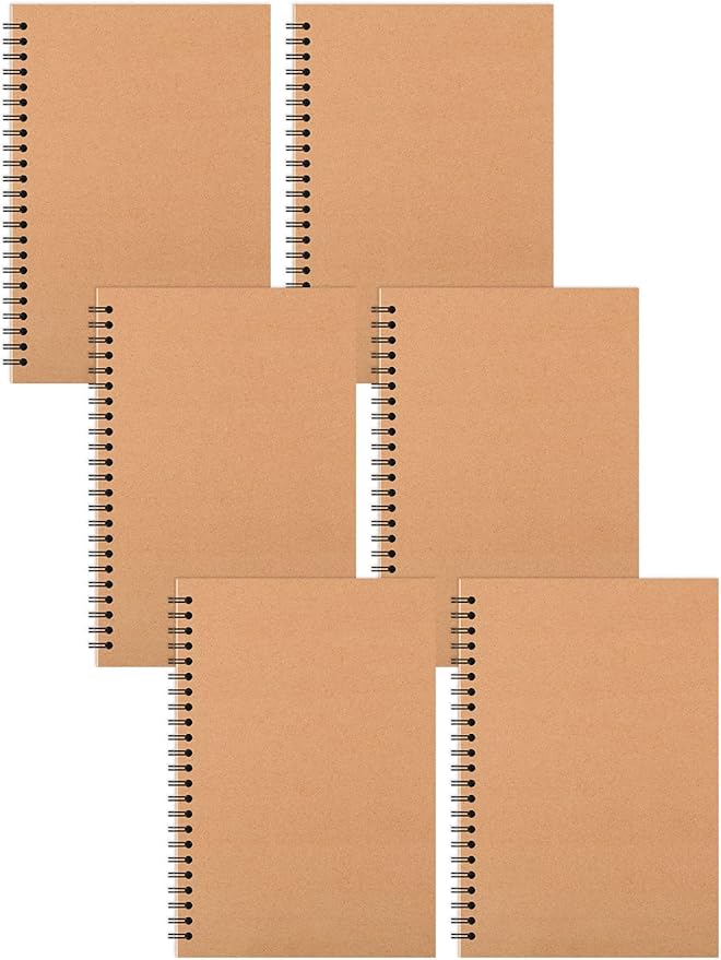 6 Pcs A5 Spiral Notebooks Journal with Kraft Cover, 5x8 Inches, Ruled Lined Paper, for Work, Sketches, Study, Notes Taking, Gifts, Brown (6 PCS(Lined))