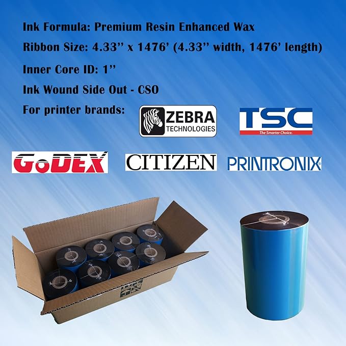 8 Rolls 4.33'' x 1476' Premium Resin Enhanced Wax Ribbon, 110mm x 450m Black Thermal Transfer Ribbon, Barcode Thermal Label Printer Ribbon, CSO-Ink Outside, 1'' Core for Zebra, TSC, GoDex, Citizen
