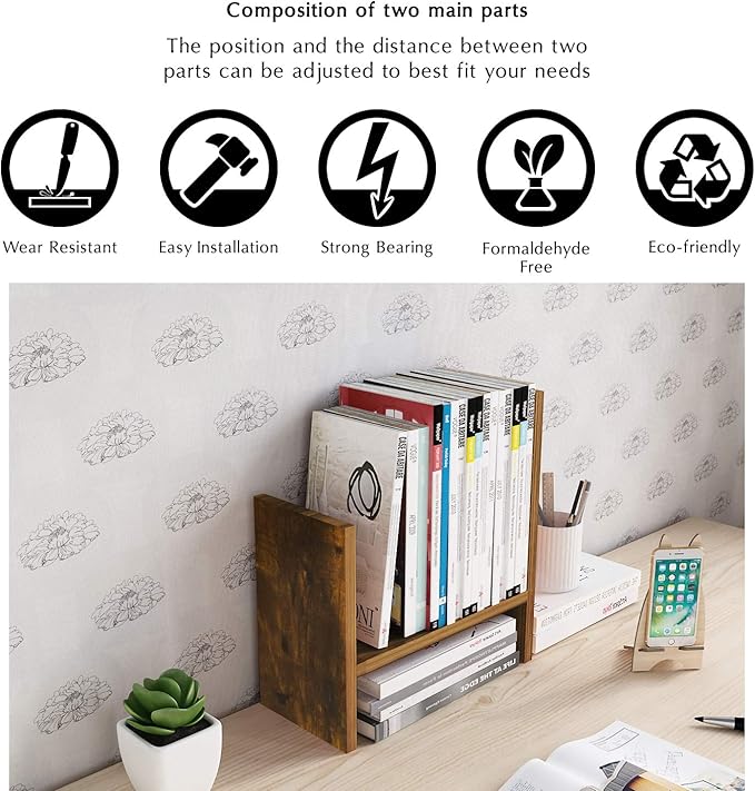 Jerry & Maggie Desktop Organizer Office Storage Rack Adjustable Wood Display Shelf Free Style Double H, Multi-Functional Mini Bookshelf for Desk Natural Stand (Natural Wood Tone)
