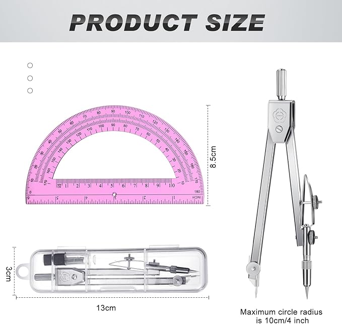 EBOOT Student Geometry Math Set, Drawing Compass and 6 Inch Swing Arm Protractor 180 Degree Math Protractor (Pink)