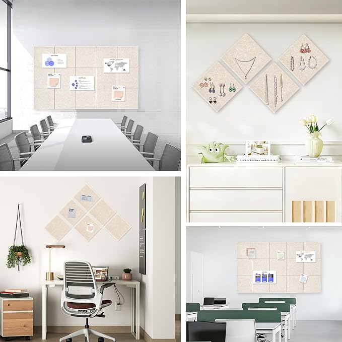 Large Cork Board for Office Wall Decor,48"x36"-12 Pack Felt Wall Tiles with Safe Removable Adhesive Tabs, 1/2" Thick, Felt Bulletin Board Pin Board Cork Boards for Walls - Beige