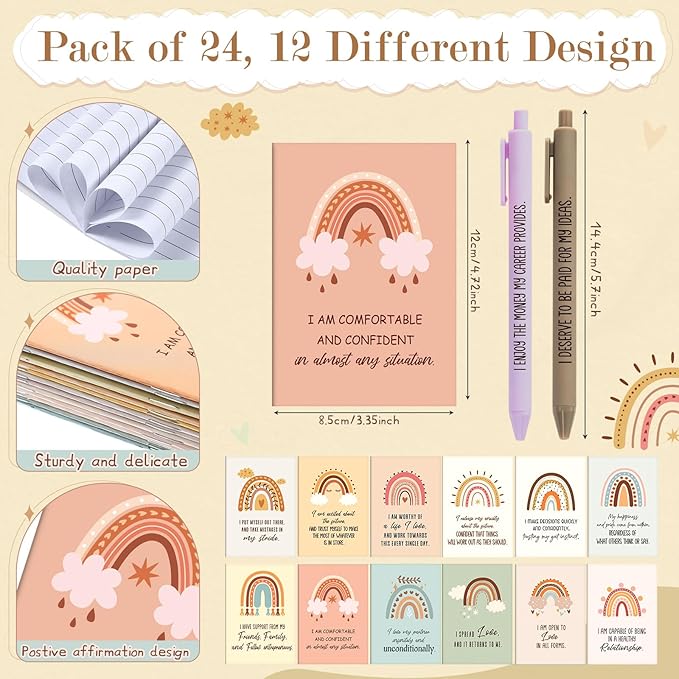 24 Set/48 Pcs Positive Affirmation Gift Set Gratitude Notebooks with Pens Small Bags Motivational Encouragement Notepads Daily Affirmations Journal for Women Stress Relief Self Care (Cute)