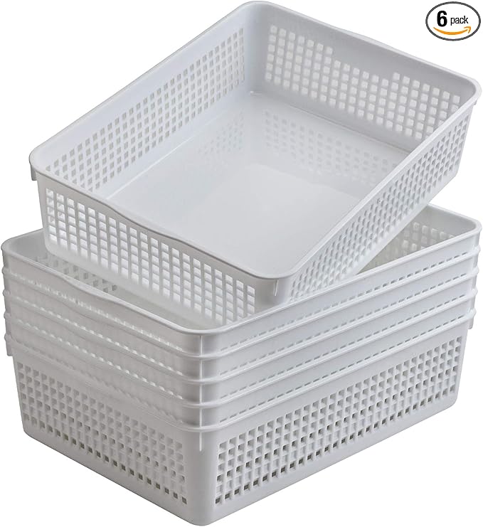 A4 Size Plastic Paper Storage Trays,Desktop File Organizer Baskets,6-Packs (White)