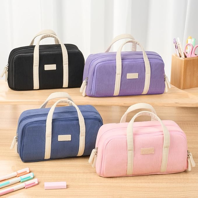 Sooez Large Pencil Case Pouch, Extra Big Pencil Bag with 5 Compartments, Pen Case Wide Opening, Soft Corduroy Pen Bag Organizer with Zipper, Cute Aesthetic School Supplies for Teen Girls, Red