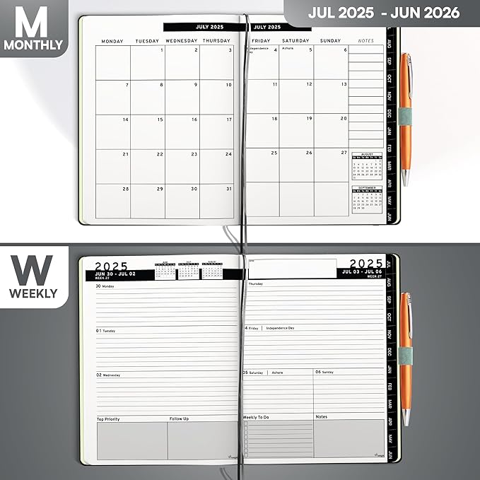 Ensight 2025-2026 HARDCOVER Leather Planner Weekly & Monthly - 6.5x8.5 Inches - Academic Planner Business Personal or Student - Pen Holder, Thick Paper, July 2025 - June 2026 (Grey)