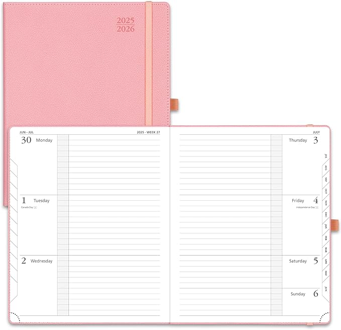 POPRUN Planner 2025-2026 (Large 8.5''x 10.5''), Horizontal Weekly Notebook Jul.2025 - Jun.2026, Academic Appointment Book with Monthly Tabs, Leather Hardcover, Inner Pocket, 100 GSM - Soft Pink