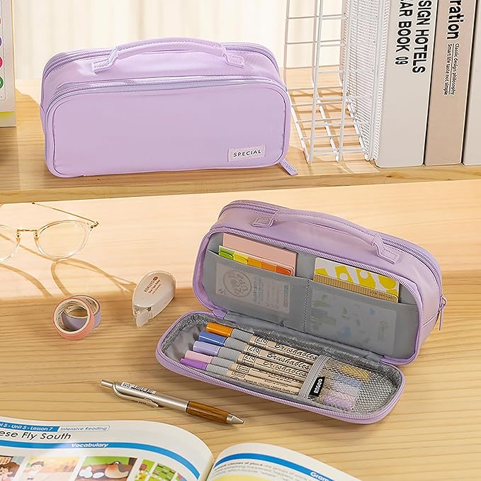 MAMUNU Pencil Case Large Capacity with 3 Compartments, Pencil Case Pouch Bag with Zipper Handle Portable Pen Stationery Organizer for Teen Girls Adults College School Office Travel, Purple