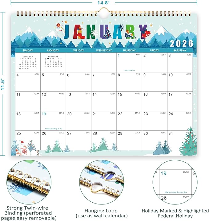 2026 Calendar - 2026 Wall Calendar, Jan. 2026 - Dec. 2026, 14.6'' x 11.4", 12 Months Hanging Monthly Calendar 2026, Holidays, Large Block, Twin-Wire Binding- 12 Different Themes