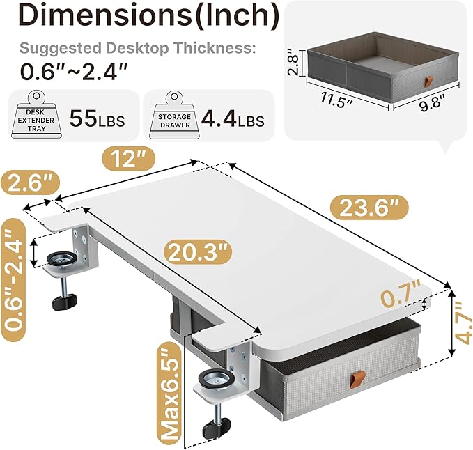 Desk Extender Tray, 24" x 12" Clamp On Desk Shelf, Desk Extension with Storage Drawer, Table Desk Arm Rest, Clamp On Keyboard Tray for Office and Home, Workstation Organizer, Medium, White