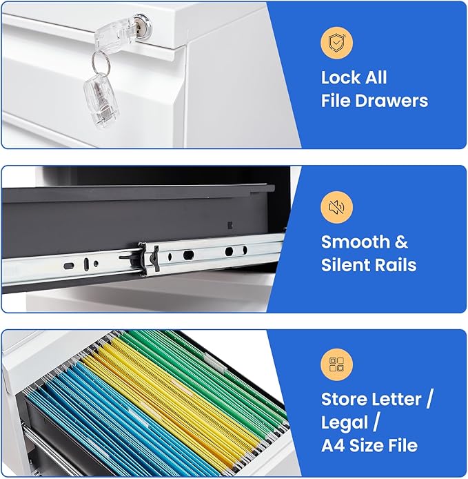 MIIIKO White Filing Cabinet 3 Drawers on Wheels Under Desk, Metal Rolling File Cabinet with Lock for Home Office, Small Mobile File Cabinet for Letter Legal File Folders, Un-Assembled