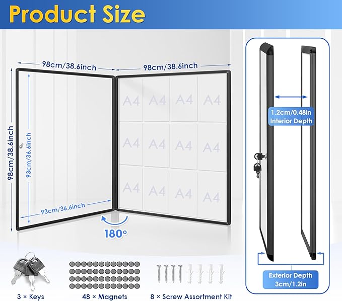 SWANCROWN Enclosed Bulletin Board Black Frame Enclosed Display Case,with Magnets,for School Message Notice, 38x38inch (12xA4)