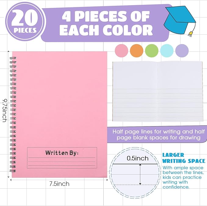 Henoyso 20 Pcs 100/50 Sheets Primary Composition Notebook K-2 Bulk Spiral Primary Journal Drawing Handwriting Practice for Kids Kindergarten 1st 2nd Back to School Supplies (Pastel Color,50 Sheets)