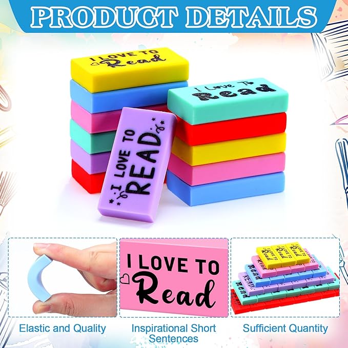 200 Pcs Inspirational Erasers for Kids Back to School Gifts I Love to Read Small Colorful Pencil Erasers for Students Classroom Cute Motivational Gift for Drawing School Office Supplies