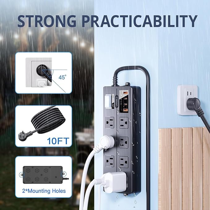 IPX6 Outdoor Power Strip Weatherproof, Waterproof Surge Protector with 8 Wide Outlet with 2A2C USB Ports, 10FT Long Extension Cord, Wall Mountable for Outside Decorations and More UL Listed(Black)