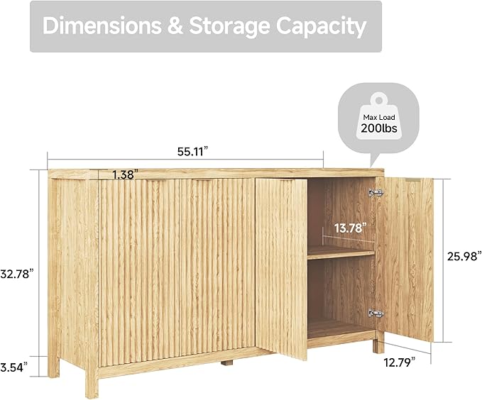 Real Relax Fluted Buffet Cabinet with Storage, Modern Sideboard with 4 Doors, 3 Adjustable Shelves, Large 55'' Kitchen Credenza Coffee Bar Cabinet, Console Cabinets for Living, Dinning Room, Natural