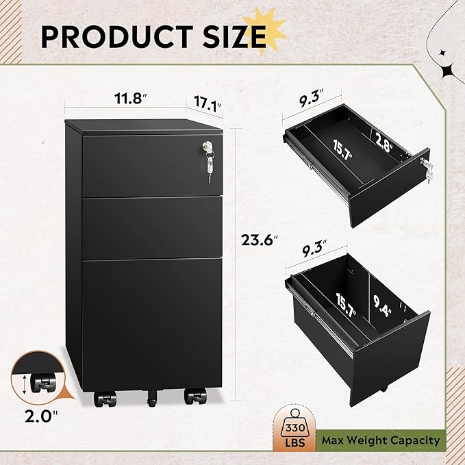 DEVAISE 3 Drawer File Cabinet with Lock, Metal Rolling Filing Cabinets for Home Office, Small Under Desk Cabinet with Slim Width (11.8 inch), Black