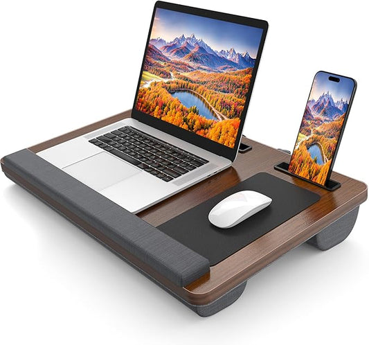 Laptop Lap Desk, Portable Large Laptop Desk for Bed, Up to 17 in Lap Table with Wrist Rest, Mouse Pad, Tablet Phone Slot, Portable Handle, Lap Tray with Cushion (Dark Brown)