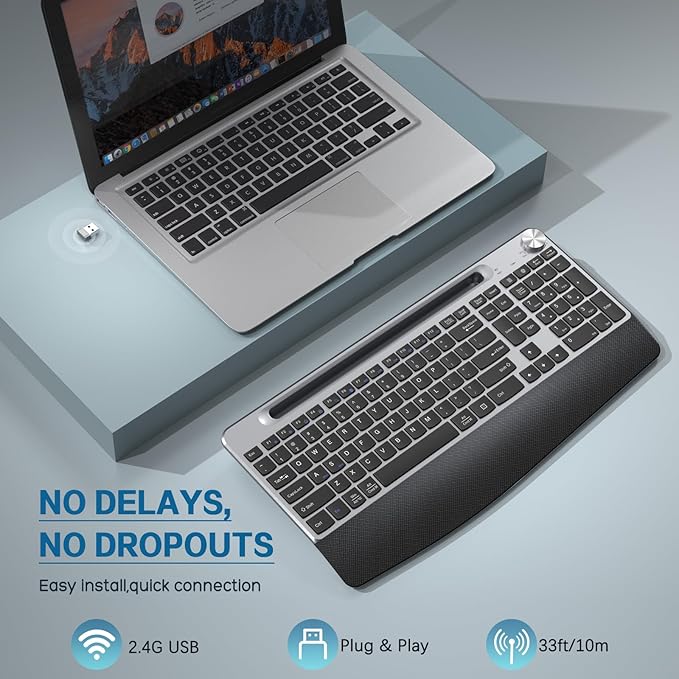 Ergonomic Wireless Keyboard with Wrist Rest-Low-Profile,Phone/Tablet Holder,Quiet Design，Windows & Mac OS，Full Size Cordless USB Computer Keyboard for Desktop,Laptop, PC, Mac, Windows-Black