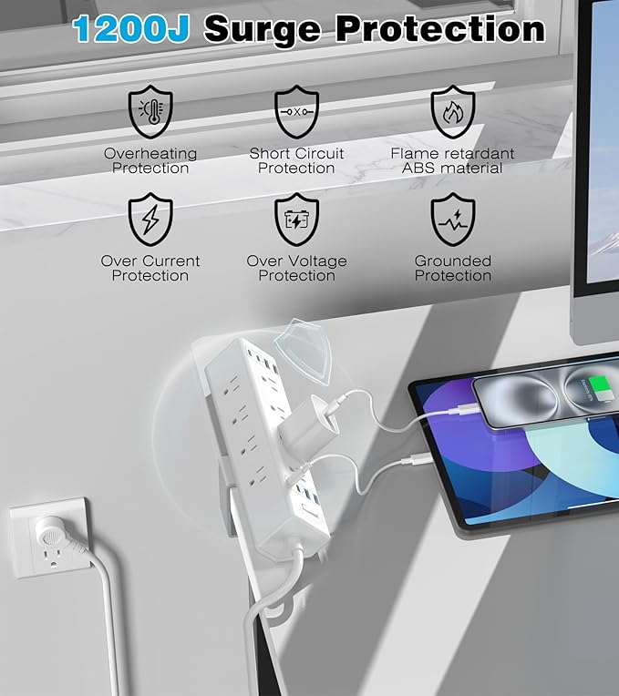 40W Fast Charging Station,Desk Clamp Power Strip,4 USB-C Ports & 8 AC Outlets,Desktop Edge Mount Surge Protector Power Strip,14AWG Heavy Duty Cord,Fit 1.9" Tabletop Edge for Home Office(6Ft Cable)