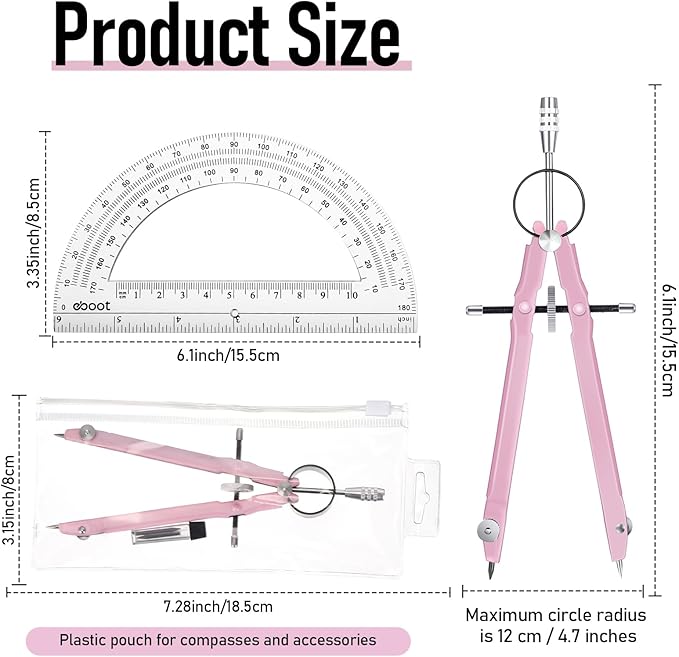 EBOOT Student Geometry Math Set, Drawing Compass and 6 Inch Clear Swing Arm Protractors 180 Degree Math Protractor (Pink)