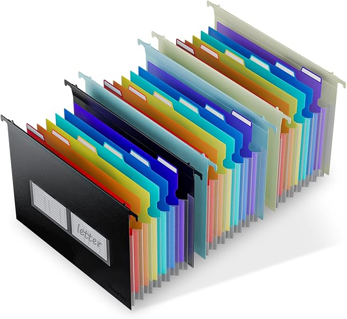 ThinkTex Plastic Expanding Hanging File Folders, 7 Innovative 1.2" Accordion Pockets, Large Capacity, Multi-Color Tabs, Letter Size for Filing Cabinet - 3 Packs 3 Colors