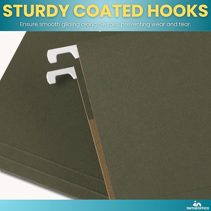 1InTheOffice Green Hanging File Folders Letter Size, Hanging Organizer File Folders, Green Hanging Folders, 1/3 Tabs, 11 pt, 50 Pack