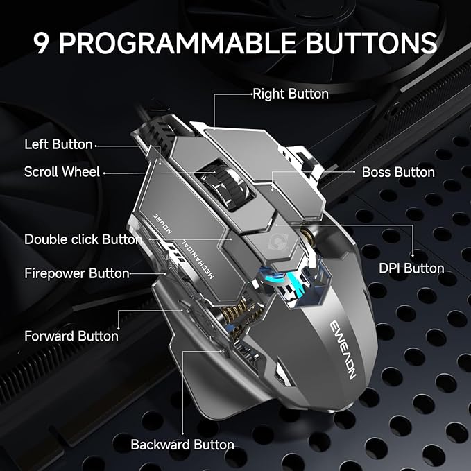 EWEADN G5 Wired Gaming Mouse, Ergonomic RGB Computer Mouse, 12800 Adjustable DPI, 9 Programmable Macro Buttons with Rapid Fire Key Compatible for PC/Laptop/Windows-Grey&White