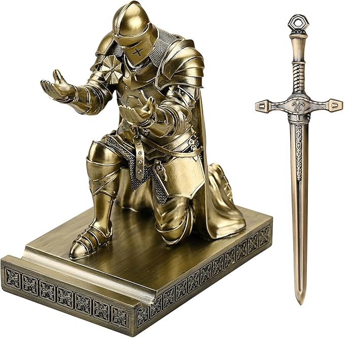 Medieval Armored Warrior Wearing Outerwear, Mobile Phone Stand Knight Pen Holder Desk Organizers, Resin Bookends Paperweight with a Letter Opener for Desk (Bronze)
