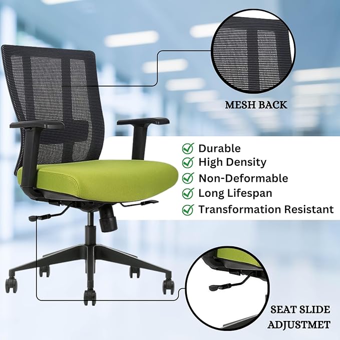 Ergonomic Office Chair - Breathable MESH - Back Adjustable Lumbar Support with 3-D ARMRESTS TILT Function and 360-DEGREE Swivel Wheels Comfortable Wide SEAT - Home Office Chair (Green) (Pack of 1)