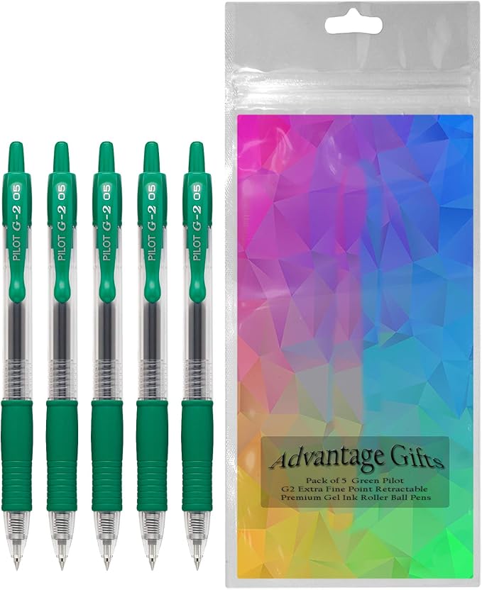 G2 Retractable Premium Gel Ink Roller Ball Pens Extra Fine Point (.5mm) Green Ink 5 pack; Refillable & Premium Comfort Grip Bundle with Plastic Reusable Pouch