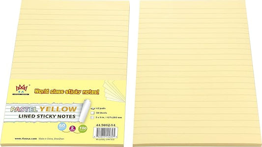 2 Pads Lined Sticky Notes 5 x 8 in, Pastel Yellow, Large Sticky Notes with Lines, Yellow Sticky Note Pads for Home, Office, School, 50 Sheets/Pad, 100 Sheets Total, 4A 5082-Y-L
